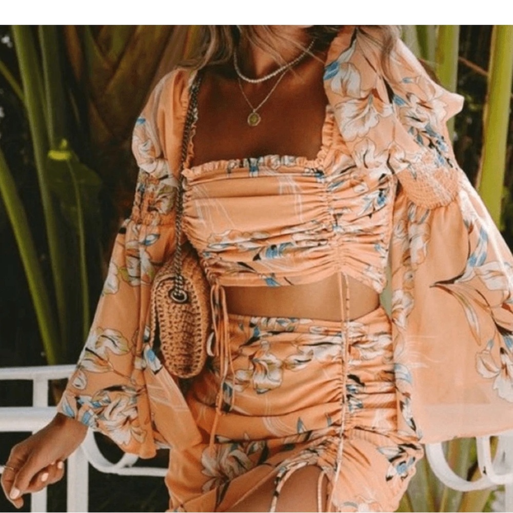 Floral Peach Ruched Crop Top and Skirt Set top size L skirt size S available